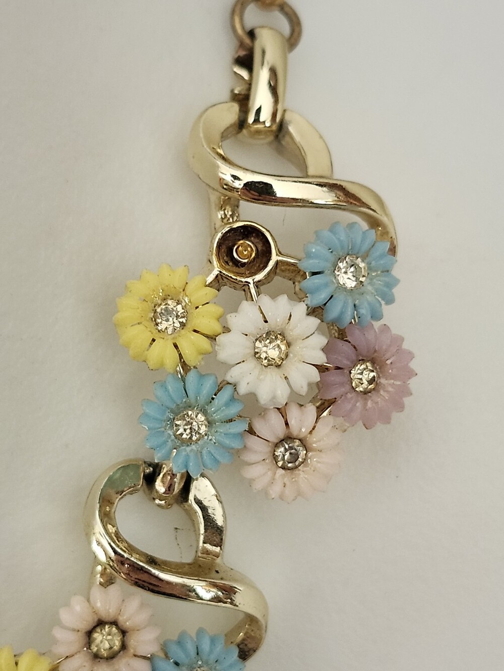Vtg Pastel Floral Gold-Tone Necklace - Pink, Blue & Yellow - Picture 10 of 16
